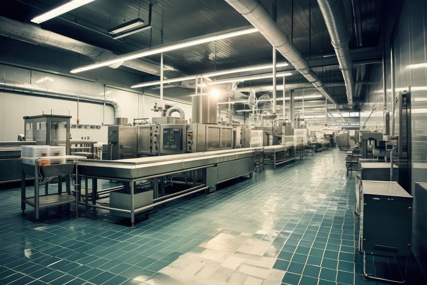 Modern industrial kitchen with stainless steel equipment and blue tiled floors.
